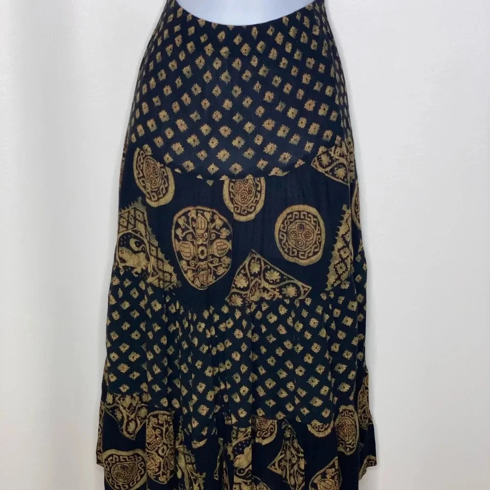 First option women’s black tan rayon tribal modest skirt Sz small petite boho